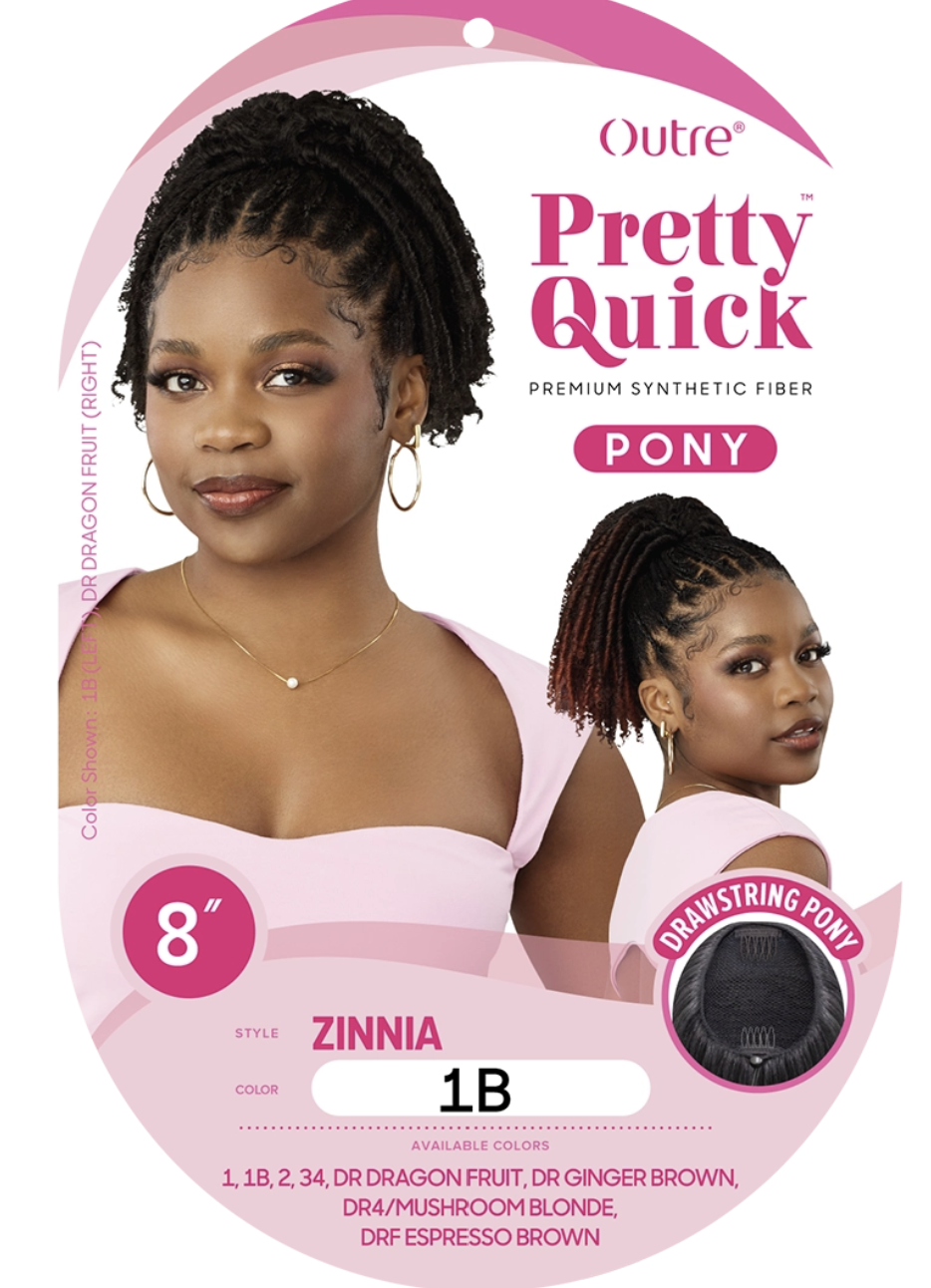 Product packaging for Outre Pretty Quick Pony hair extension in style Zinnia, color 1B. The packaging features a pink and white design with a model wearing the hair extension, a smaller inset of the same model, and a circular close-up of the hair weave.