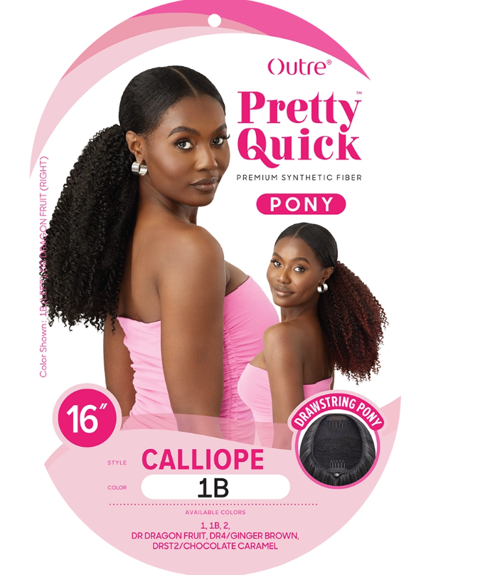 Product packaging for Outre Pretty Quick Pony with a model wearing the hair extension.