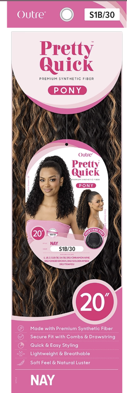 Pretty Quick Pony hair extension packaging with a woman's face on it, featuring Outre brand.