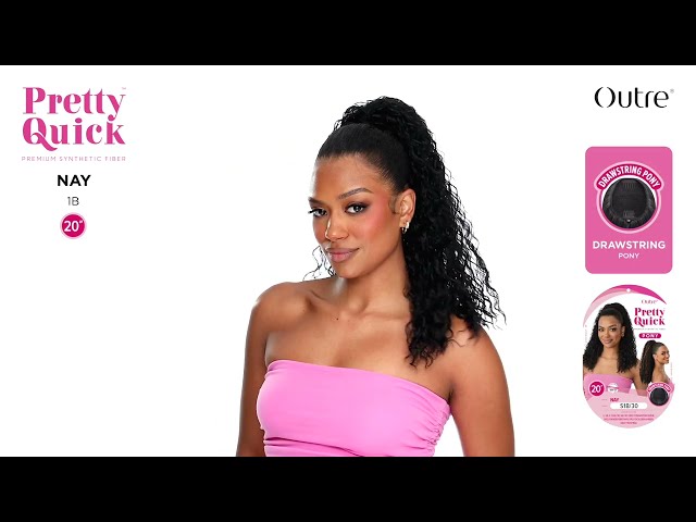 Woman with styled hair wearing a pink dress, with 'Pretty Quick' and 'Outre' branding.