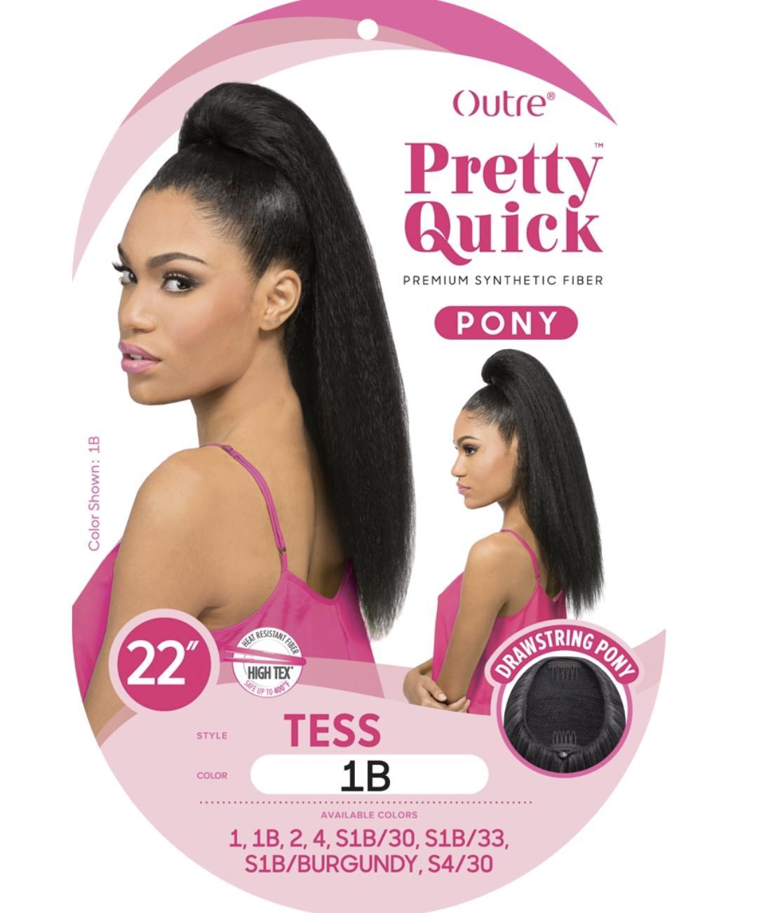 Outre Pretty Quick Pony hair product packaging with a model wearing the product.
