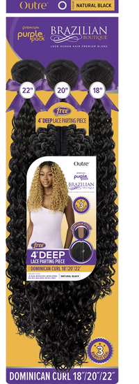 Thumbnail for A retail package of Outre Brazilian Technique Dominican Curl hair extensions in Natural Black, showing three bundles of curly hair (22