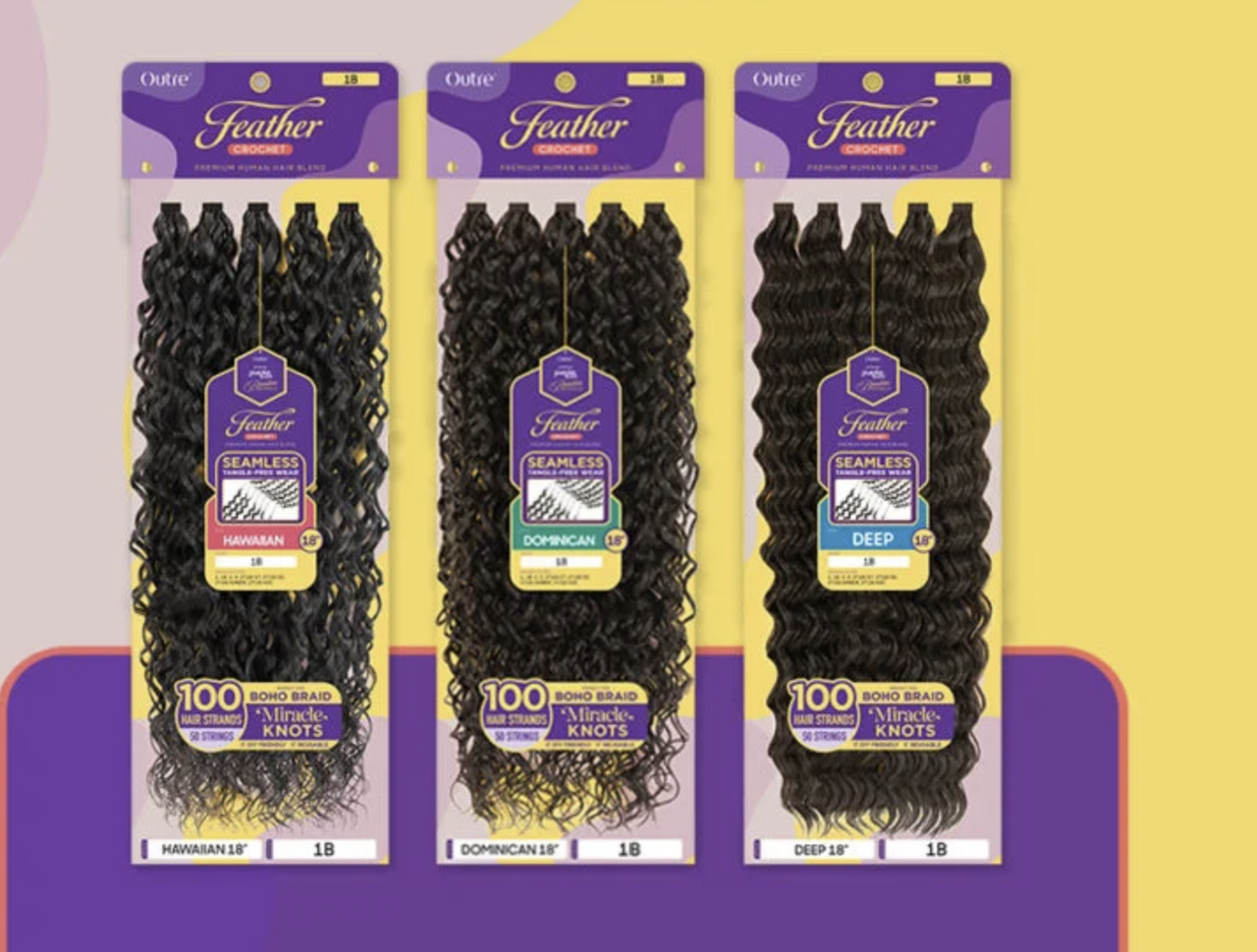 Three packages of Ouline Feather Synthetic Braiding Hair on a yellow and purple background