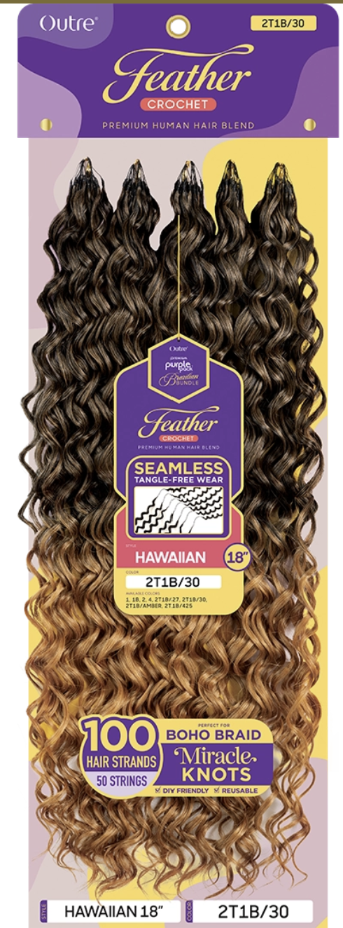 Packaged hair extensions with purple and yellow design on a beige background