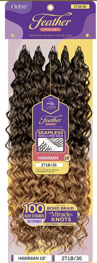 Thumbnail for Packaged hair extensions with purple and yellow design on a beige background