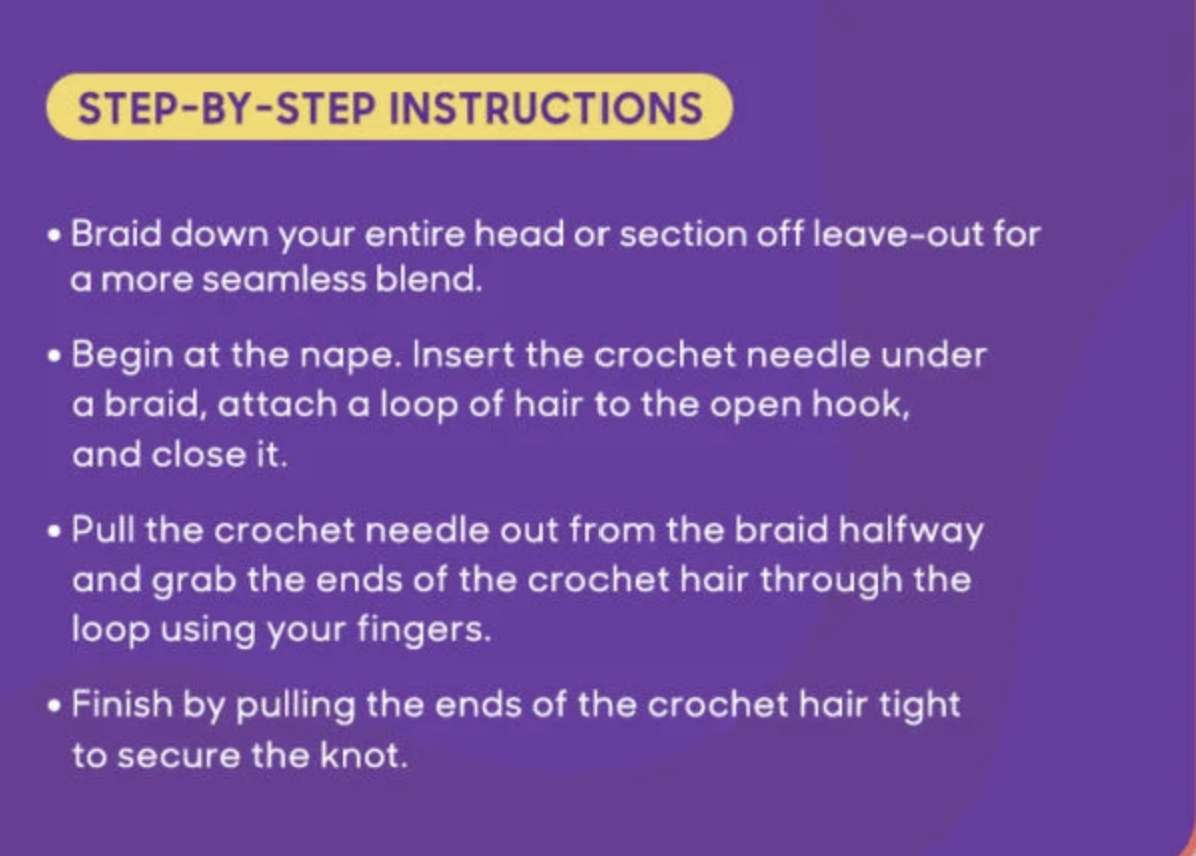 Text instructions for braiding hair with crochet hair on a purple background