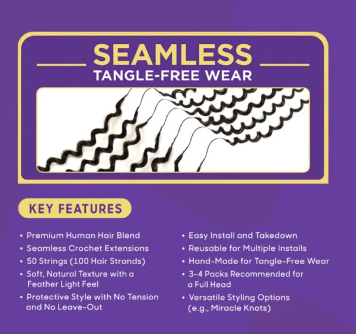 Advertisement for tangle-free wear with text and hair strand illustration on a purple background