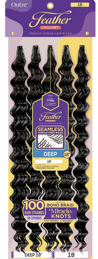 Thumbnail for Packaged hair extensions with 'Outre Feather Crochet' branding on a purple and yellow background.