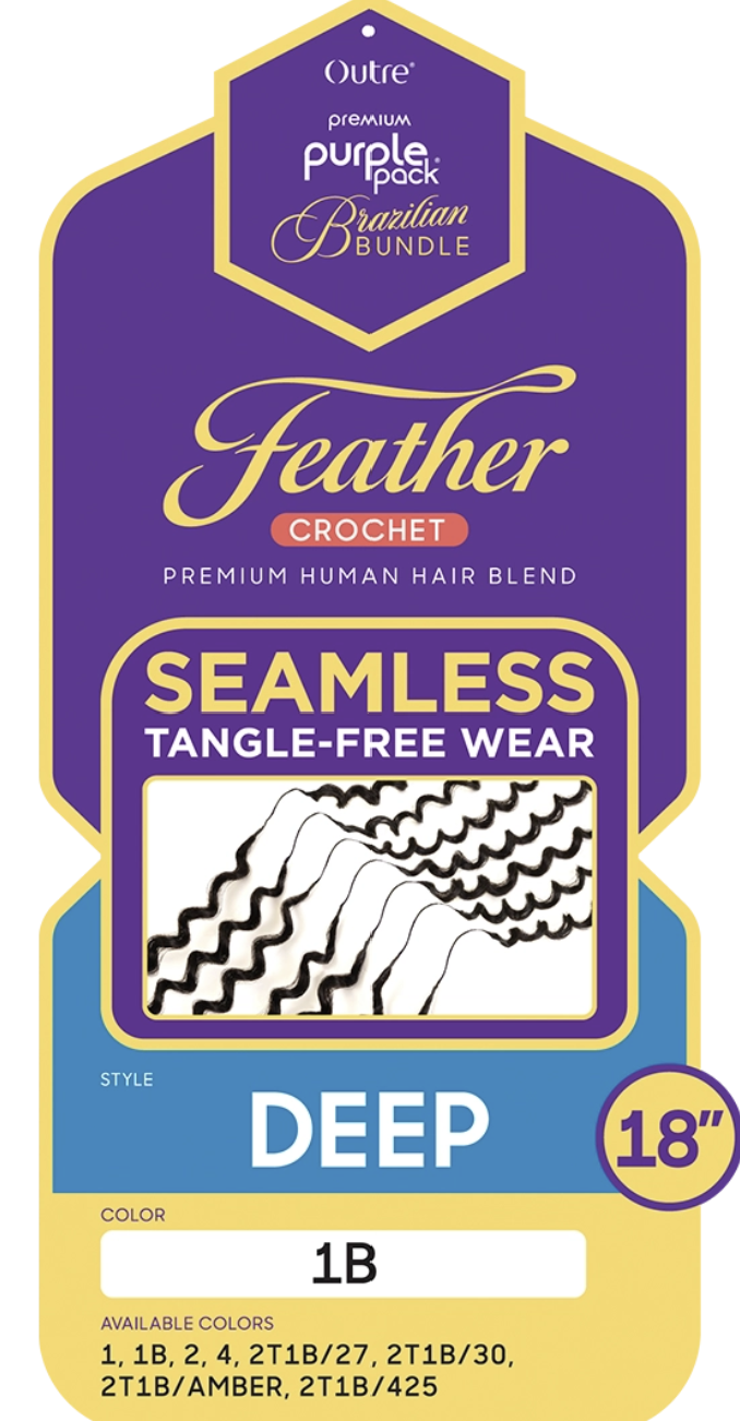 Feather Crochet hair product packaging with purple and blue design