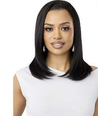Thumbnail for Woman with straight black hair wearing a white top on a white background
