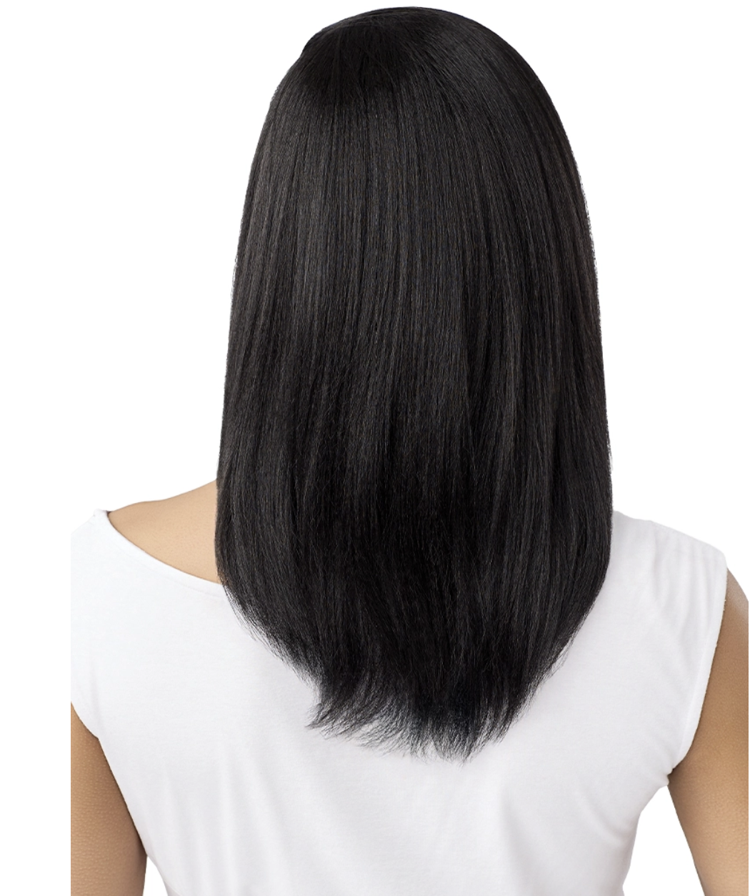 Black straight wig on a white background