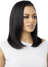 Thumbnail for Woman with straight black hair wearing a white top on a white background