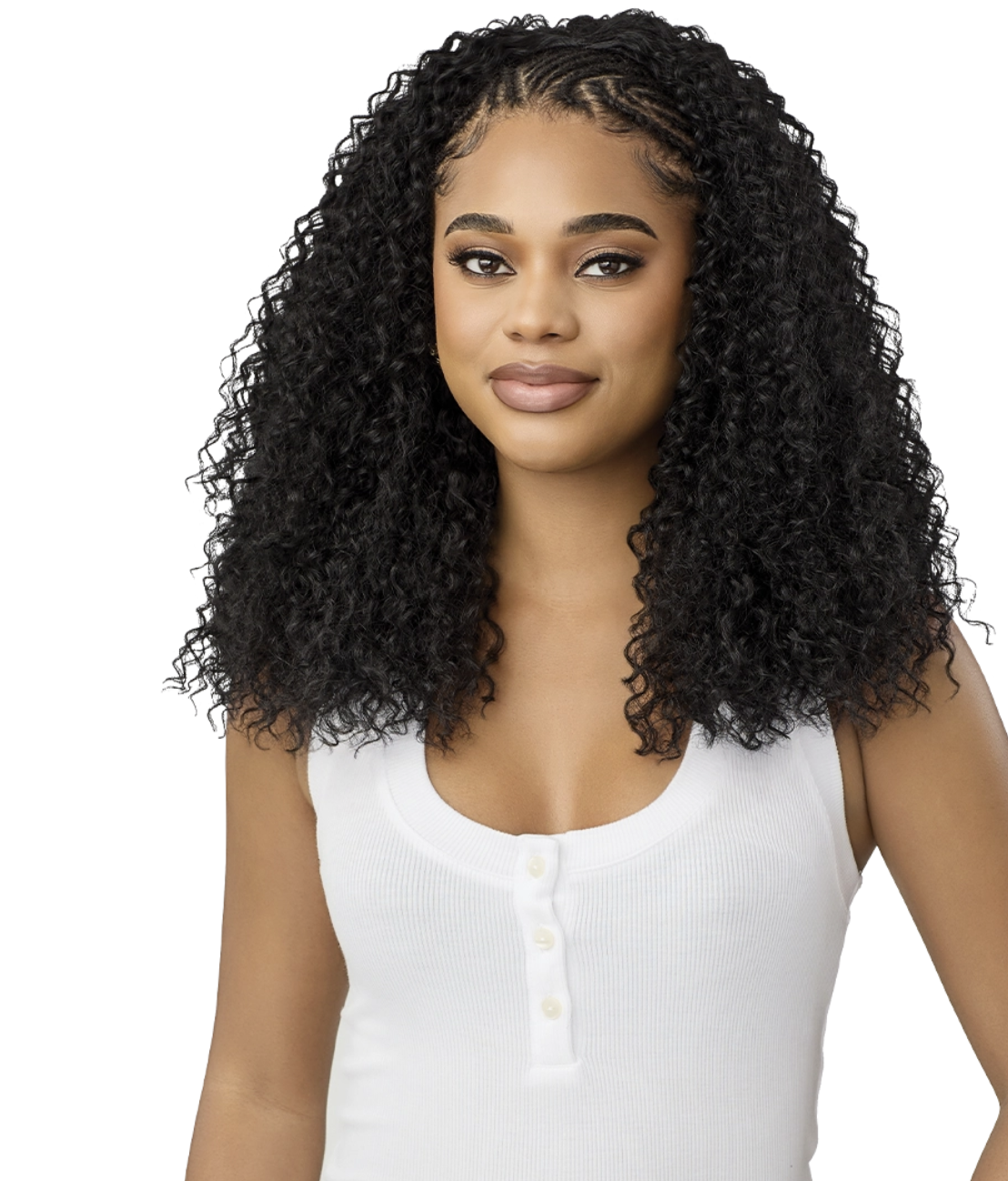 Woman with styled hair wearing a white top on a white background