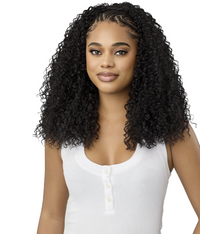 Thumbnail for Woman with styled hair wearing a white top on a white background