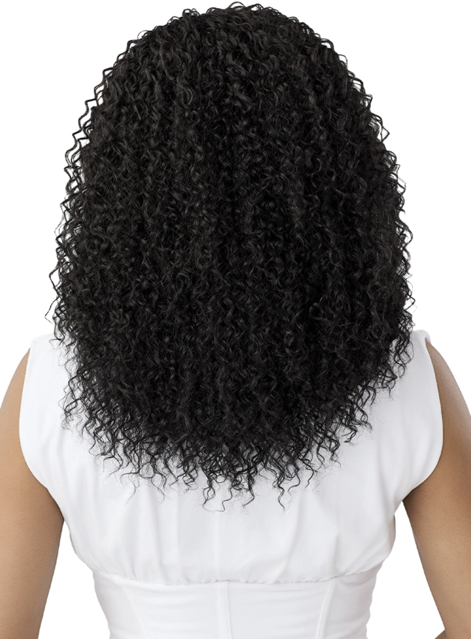 Black curly wig on a white background