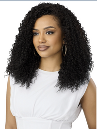 Thumbnail for Woman with voluminous curly hair wearing a white top on a white background