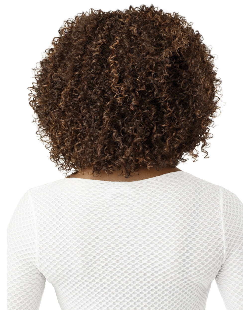 Person wearing a white textured shirt with curly hair on a white background