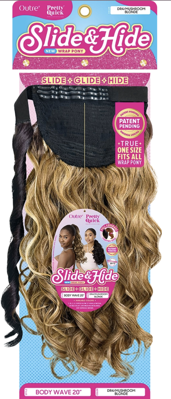Slide & Hide Body Wave 20" hair extension in Dracula's Room, packaged on a pink and blue retail card. The product shows a blend of black and golden blonde wavy hair, with the black elastic attachment band visible at the top.