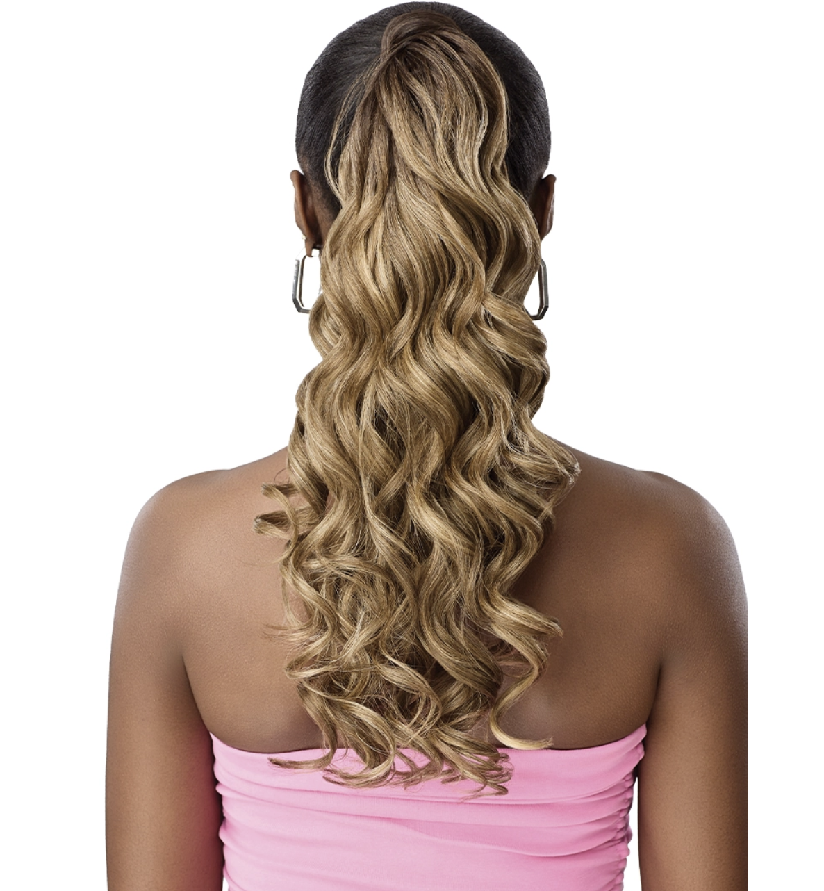 A woman shown from the back wearing a long, wavy, half-up ponytail extension with highlighted blonde and dark brown tones. The product is displayed on a model, making the subject type Lifestyle.