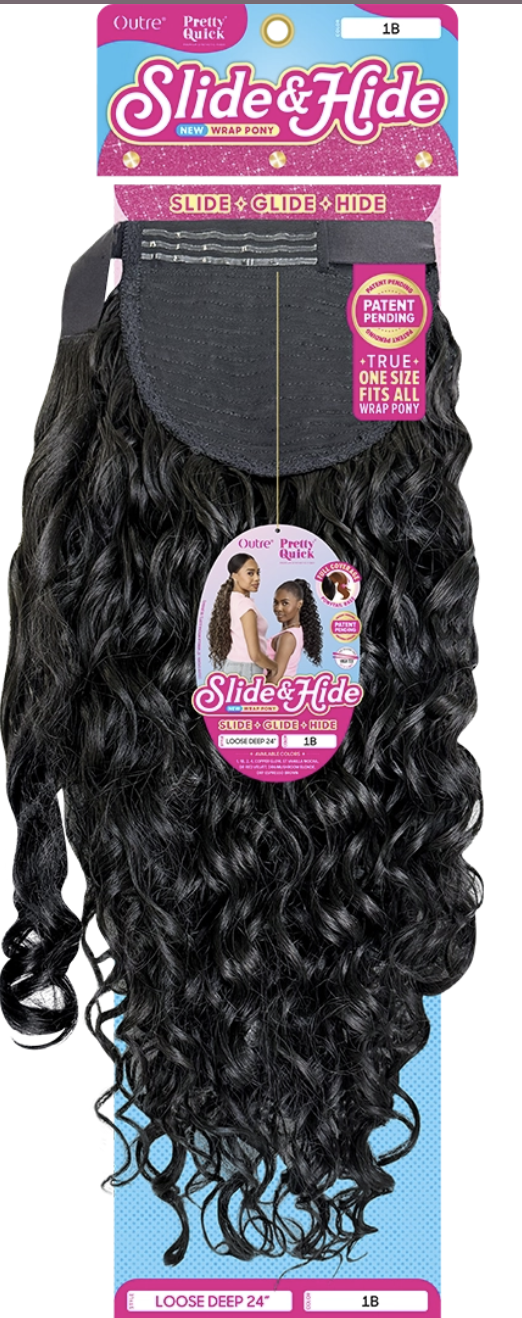 Slide & Hide loose deep wave lace frontal hair extension in black, packaged on a pink and blue retail card with product branding and size information.