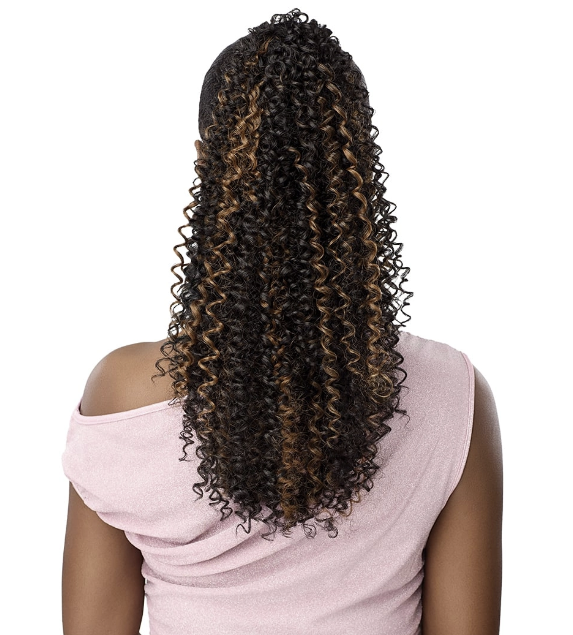 A person shown from the back wearing a long, curly wig with dark brown to black curls and warm caramel-brown highlights, paired with a light pink off-the-shoulder top against a plain white background.