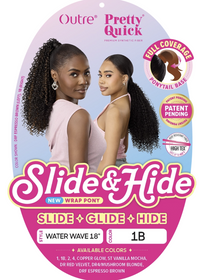 Thumbnail for Product packaging for Outre Pretty Quick Slide & Hide wrap ponytail, featuring two models with long water wave ponytails in color 1B espresso brown on a pink and light blue gradient background.