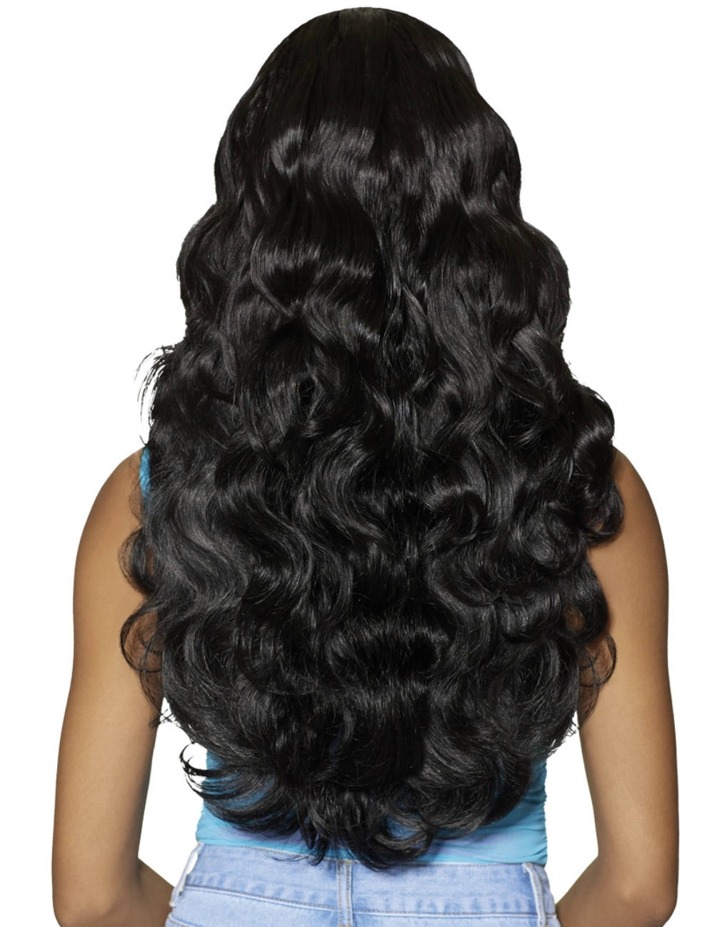 Long, wavy black hair shown from the back on a model wearing a light blue top and light wash jeans against a plain white background.