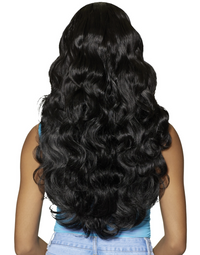 Thumbnail for Long, wavy black hair shown from the back on a model wearing a light blue top and light wash jeans against a plain white background.