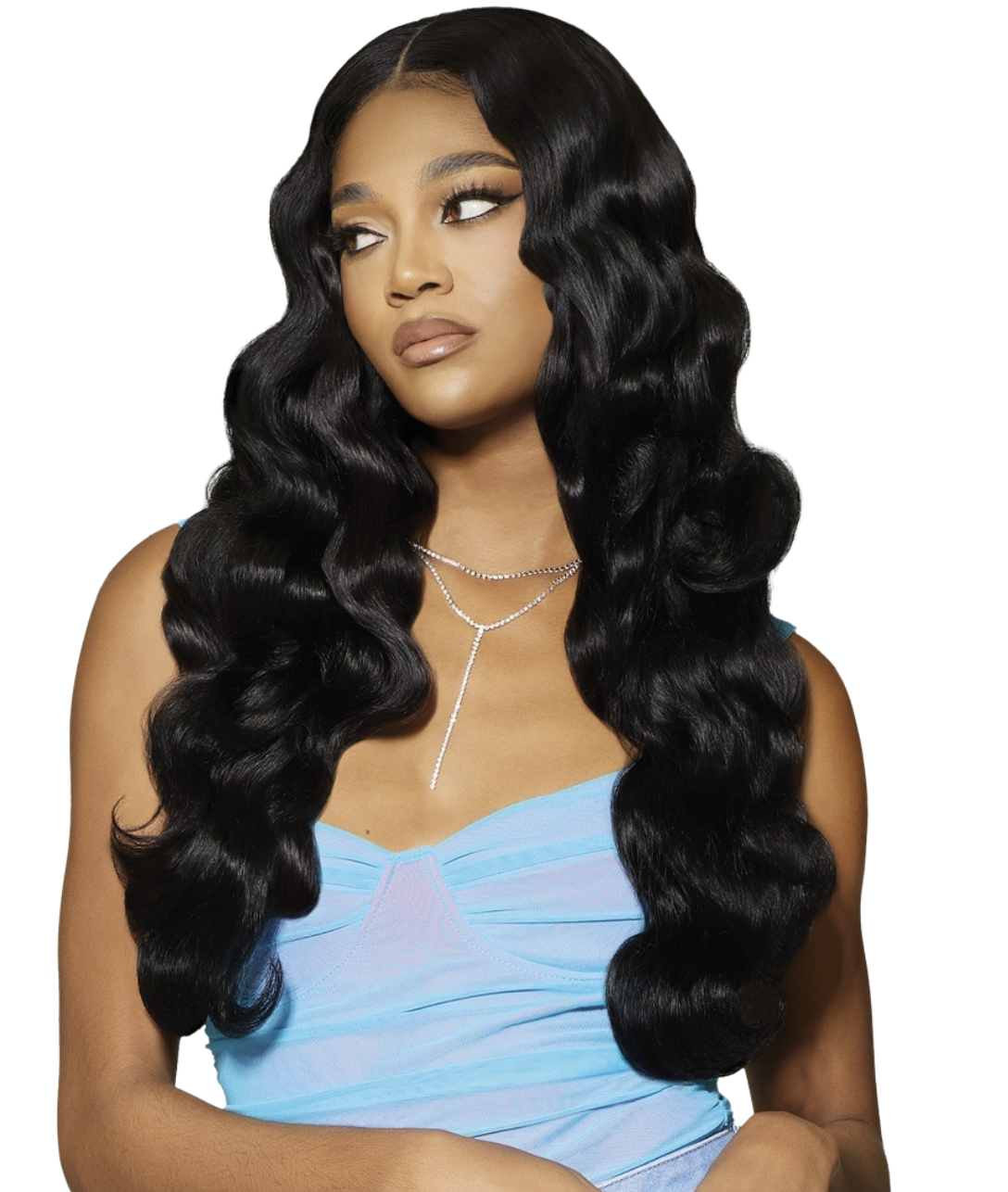 A woman with long, glossy, black body waves wearing a light blue top and silver necklace, shown against a plain white background.