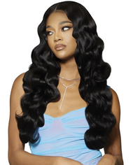 Thumbnail for A woman with long, glossy, black body waves wearing a light blue top and silver necklace, shown against a plain white background.