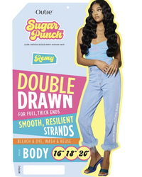 Thumbnail for A product packaging card for Outre Sugar Punch double drawn remy hair extensions, featuring a model with long, wavy, light blue-toned remy hair on the right side. The packaging is light blue with pink, yellow, and teal text, detailing the product features and sizes.
