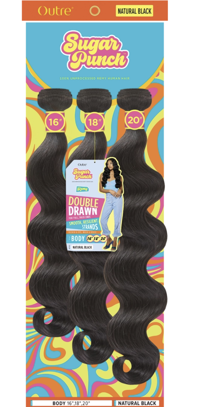 Sugar Punch body wave hair extensions in three lengths (16, 18, and 20 inches) in natural black, packaged on a colorful retro-patterned backing card by Outre.