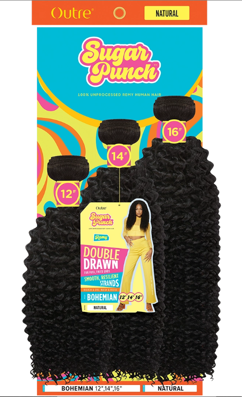 Packaged hair extensions with 'Sugar Punch' branding on a colorful background