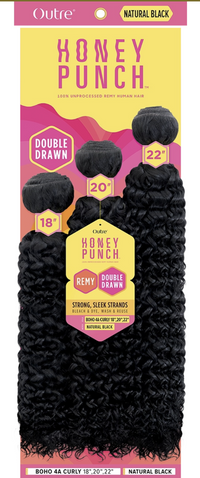 Thumbnail for A retail package of Outre Honey Punch double drawn remy curly human hair extensions in Natural Black, showing three different lengths (18 inches, 20 inches, 22 inches) on a yellow and pink card.
