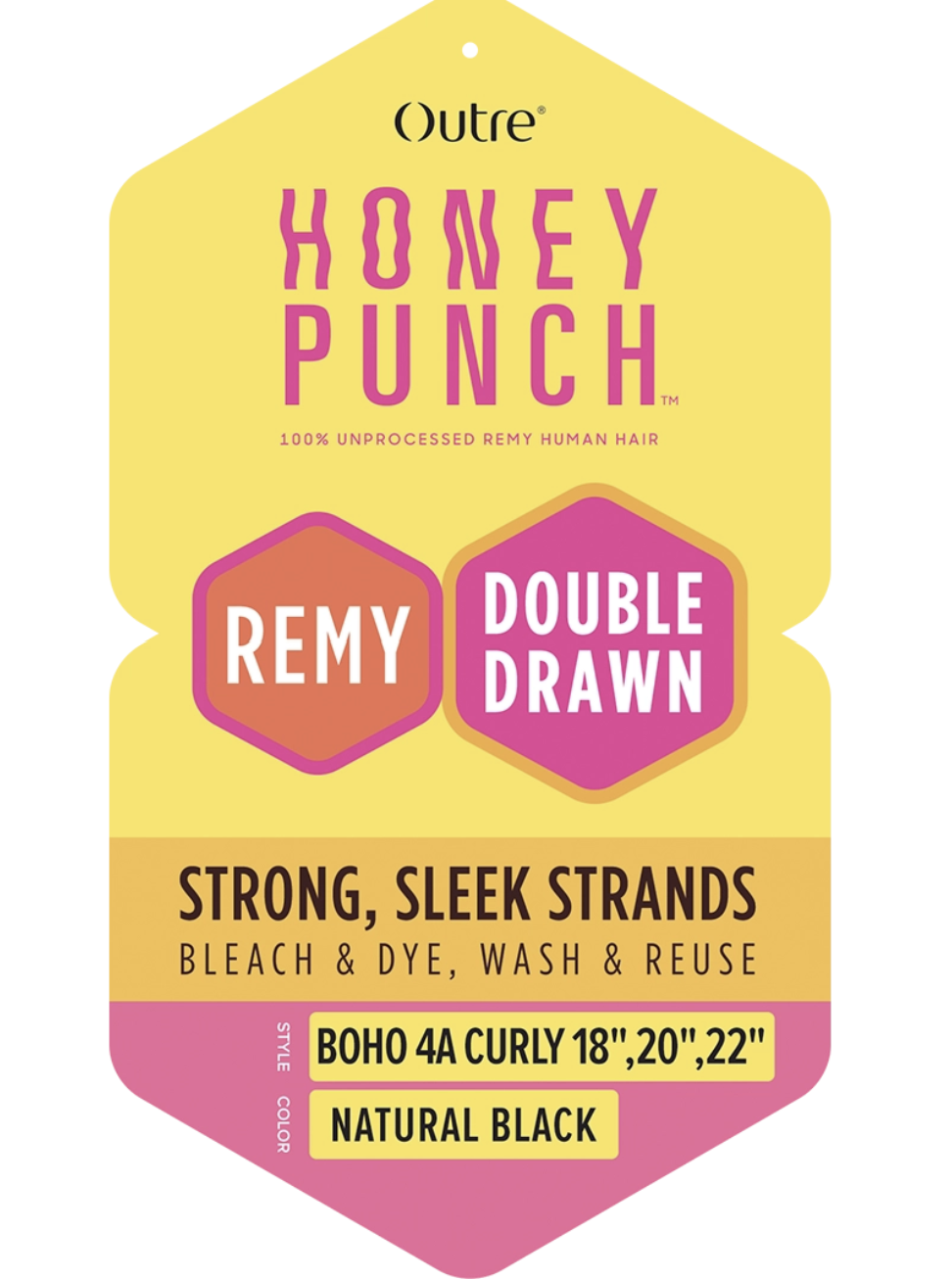 A product packaging card for Outre Honey Punch remy double drawn style color boho 4A curly 18, 20, 22 inch natural black hair extensions.