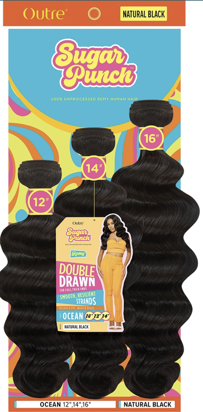 Sugar Punch by Outre double drawn hair bundles in Ocean Natural Black, shown in three sizes (12", 14", 16") on a colorful, retro-themed packaging card.