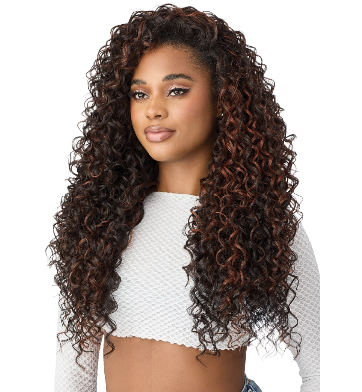 Woman with long, curly hair on a white background