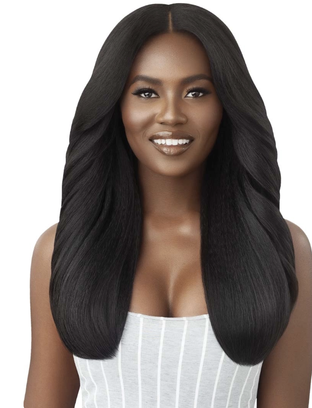 Woman with long black hair wearing a white top on a white background
