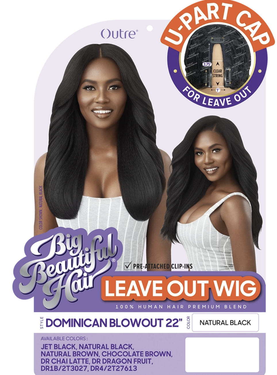 Leave out wig packaging with a model wearing the wig, featuring Outre brand.