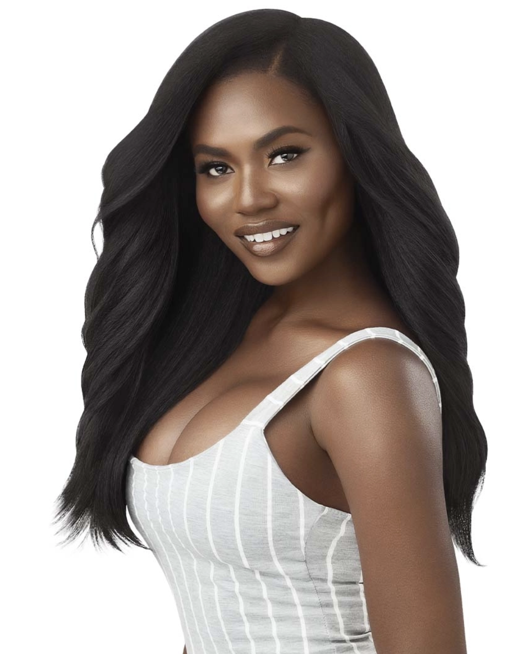 Woman with long black hair wearing a white sleeveless top on a white background