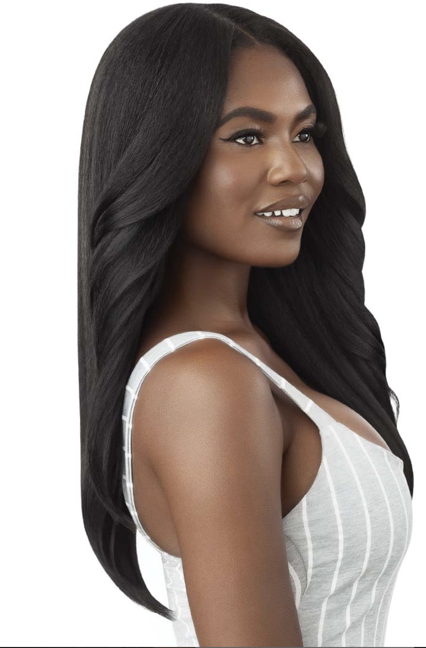Woman with long, straight black hair wearing a white sleeveless top on a white background