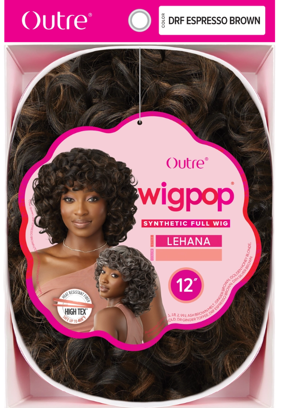Outre wig packaging with a model wearing the wig, displayed on a pink background.
