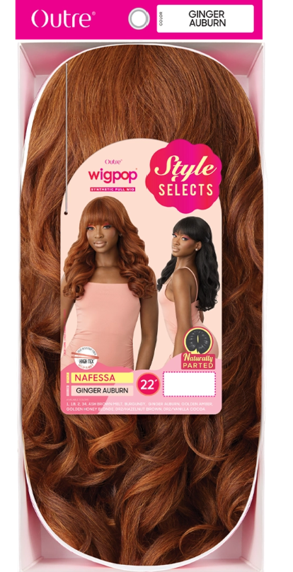 Packaged wig with ginger Auburn color and Outre branding
