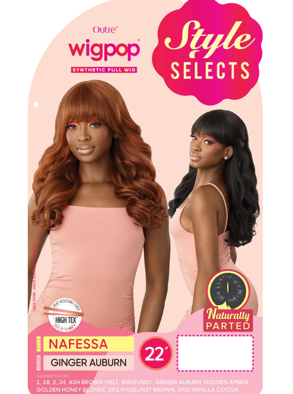 Wig packaging with two models and wig details on a pink background