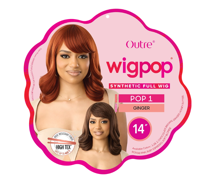 Outre wigpop synthetic full wig packaging with a model wearing the wig.
