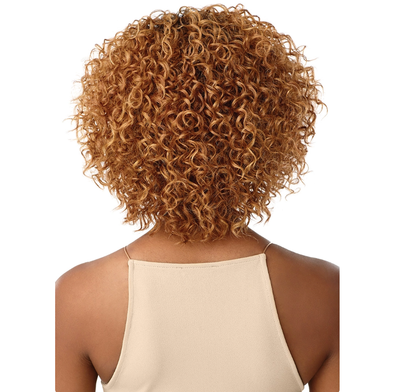 Back view of a person with curly blonde hair wearing a beige top on a white background