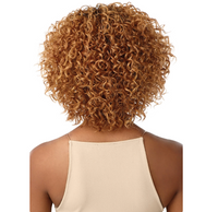 Thumbnail for Back view of a person with curly blonde hair wearing a beige top on a white background