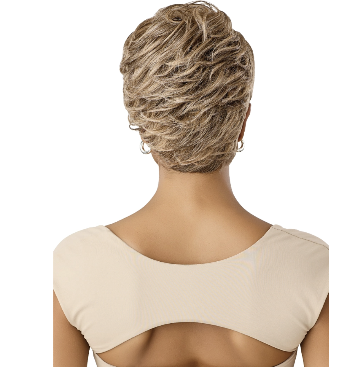 Back view of a person with styled hair wearing a beige top on a white background