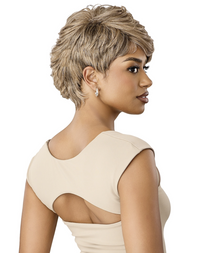Thumbnail for Woman with styled hair wearing a beige top on a white background
