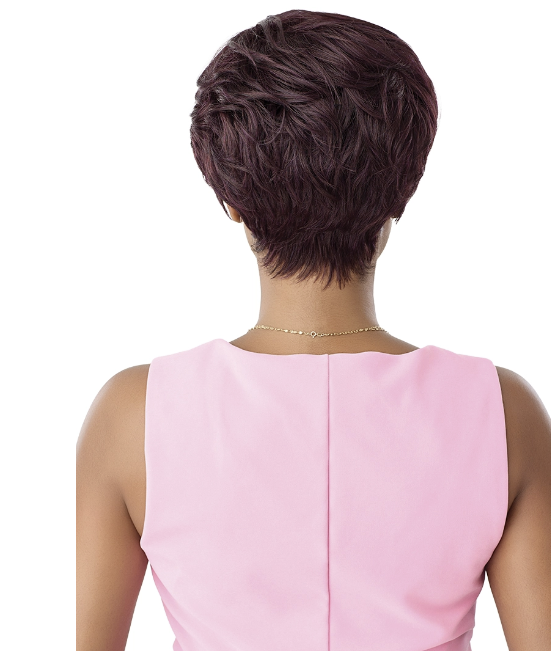 Back view of a person wearing a pink sleeveless top with a short, styled haircut.